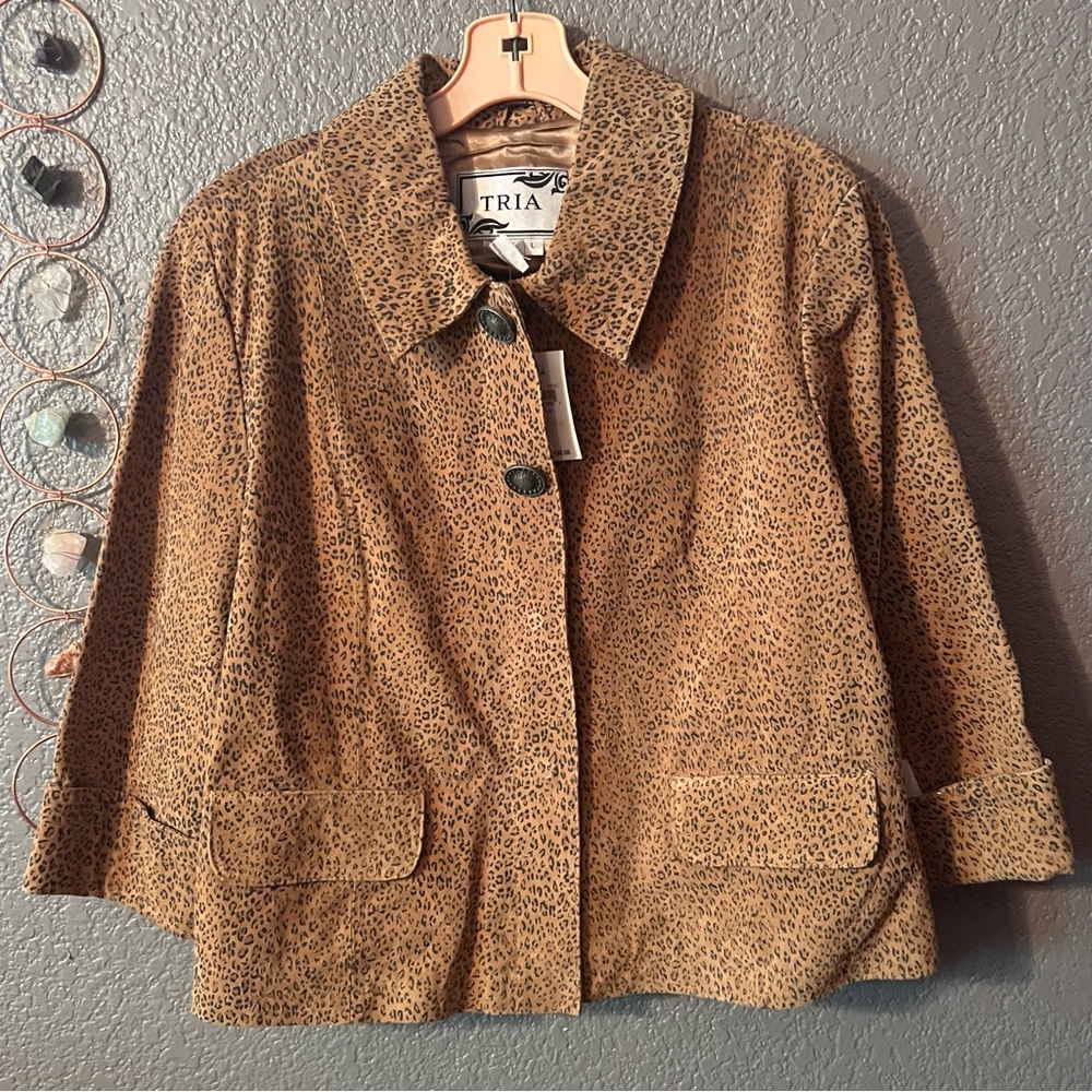 Tria Leopard Print Leather Jacket. Size L.